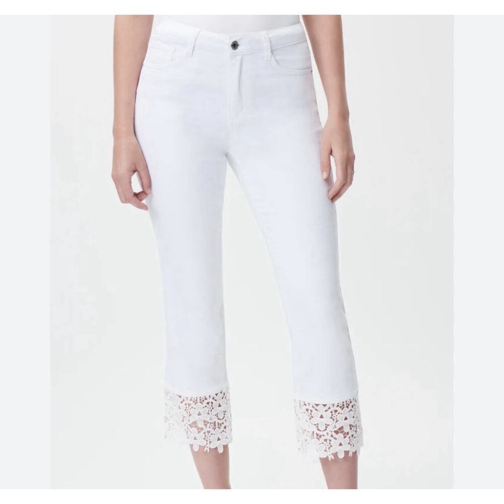 Joseph Ribkoff White Denim Capri Pants Womens Size 4 Cropped Lace Hem Whimsygoth